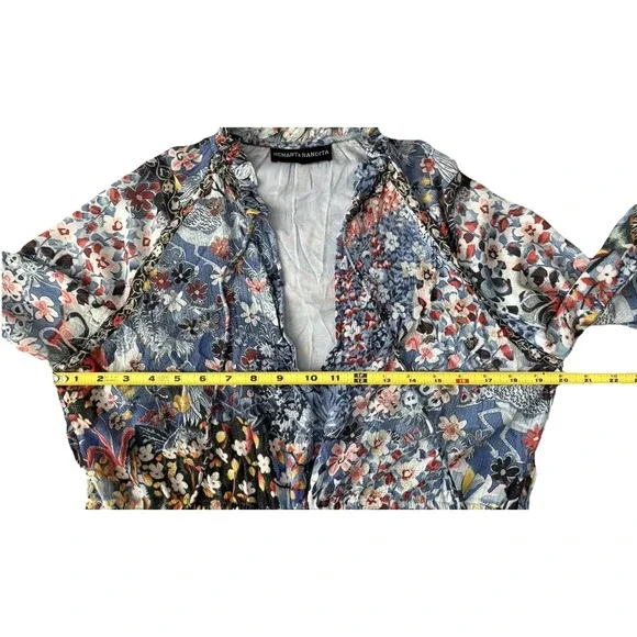 NEW Hemant & Nandita Blue Floral Mini Dress Boho Bohemian Peasant Long Sleeve M - Picture 11 of 15